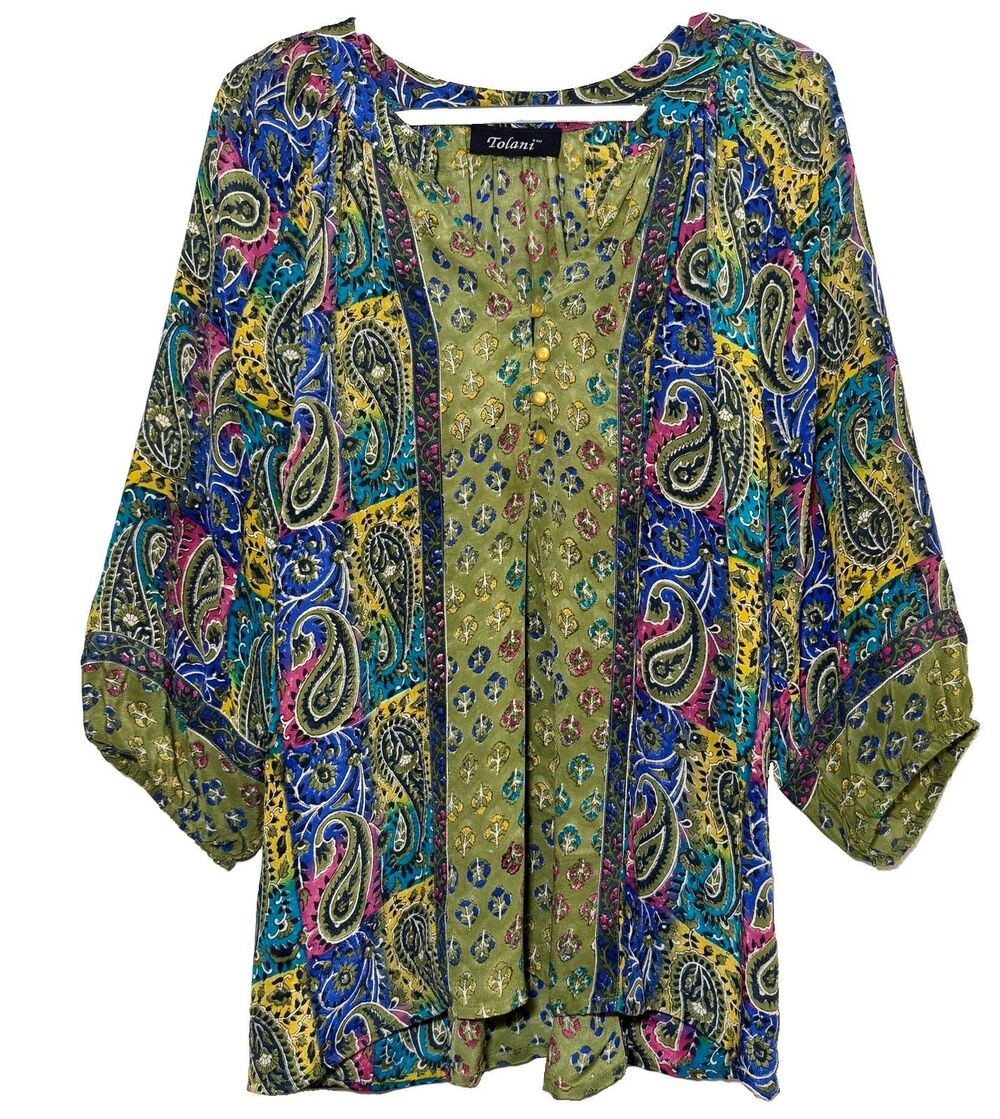 Tolani Silk Blouse Women’s M Paisley Boho Tunic Balloon Sleeve Multicolor